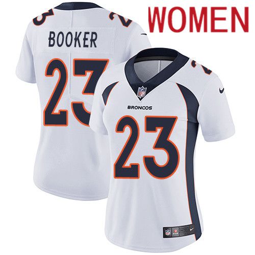Women Denver Broncos 23 Devontae Booker White Nike Vapor Limited NFL Jersey